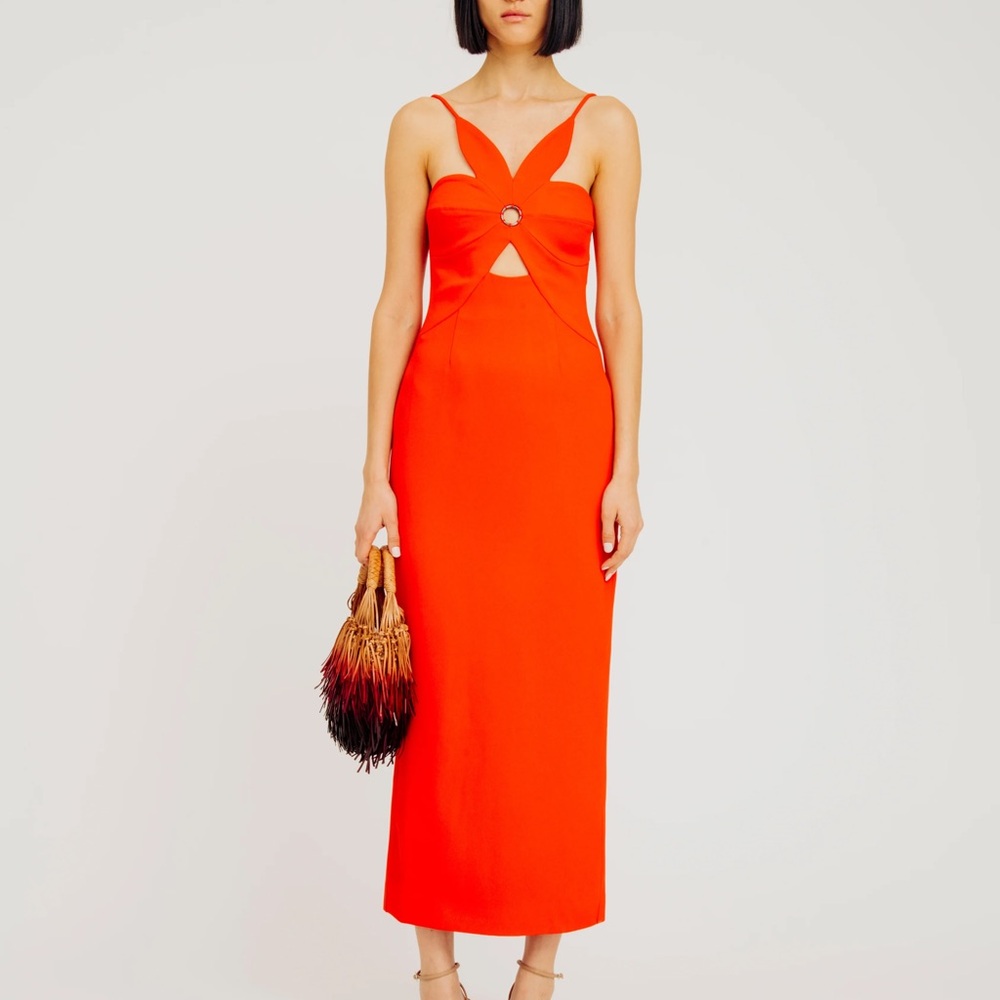Torn by Ronny Kobo Red Sheath Midi Dress Spaghetti Strap